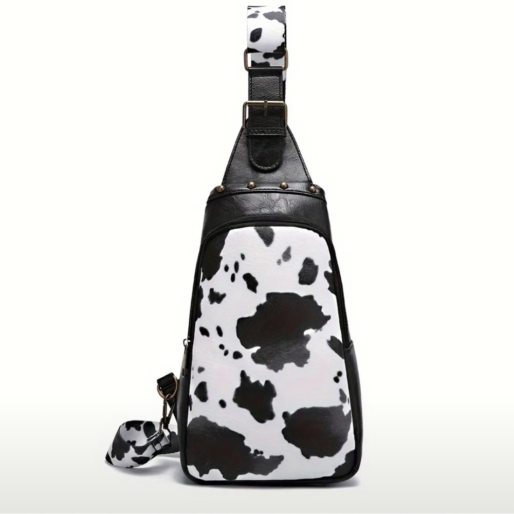 Vegan Leather Studded Vintage Cow Print Crossbody Bag - Picture 9 of 10